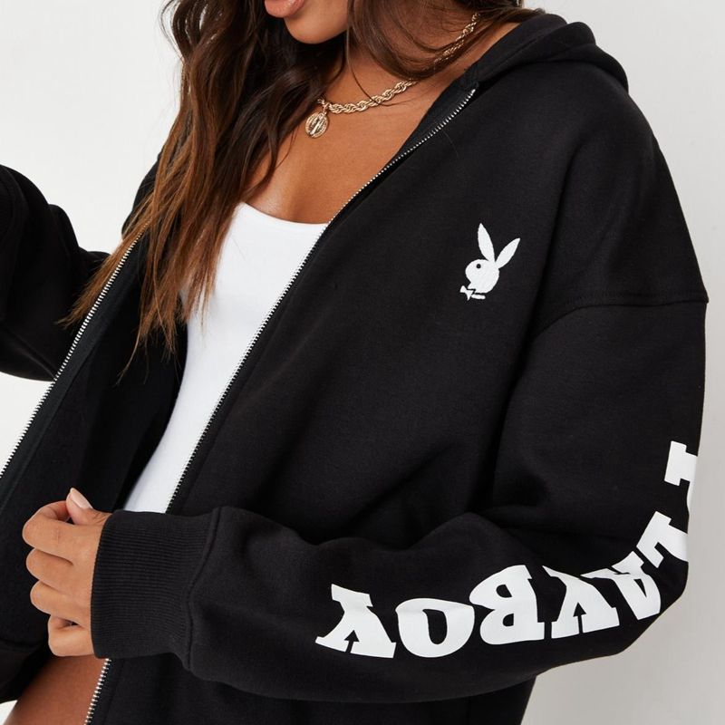 Black Playboy Active Zip Through Women's Hoodie | 13BZQXIYR