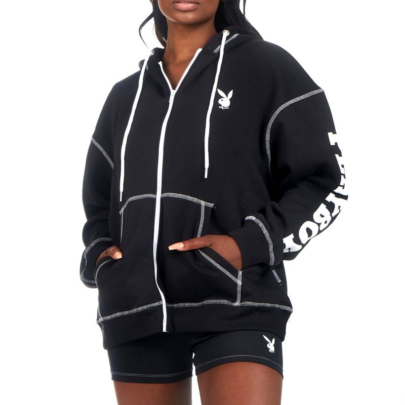 Black Playboy Active Zip Through Women's Hoodie | 13BZQXIYR