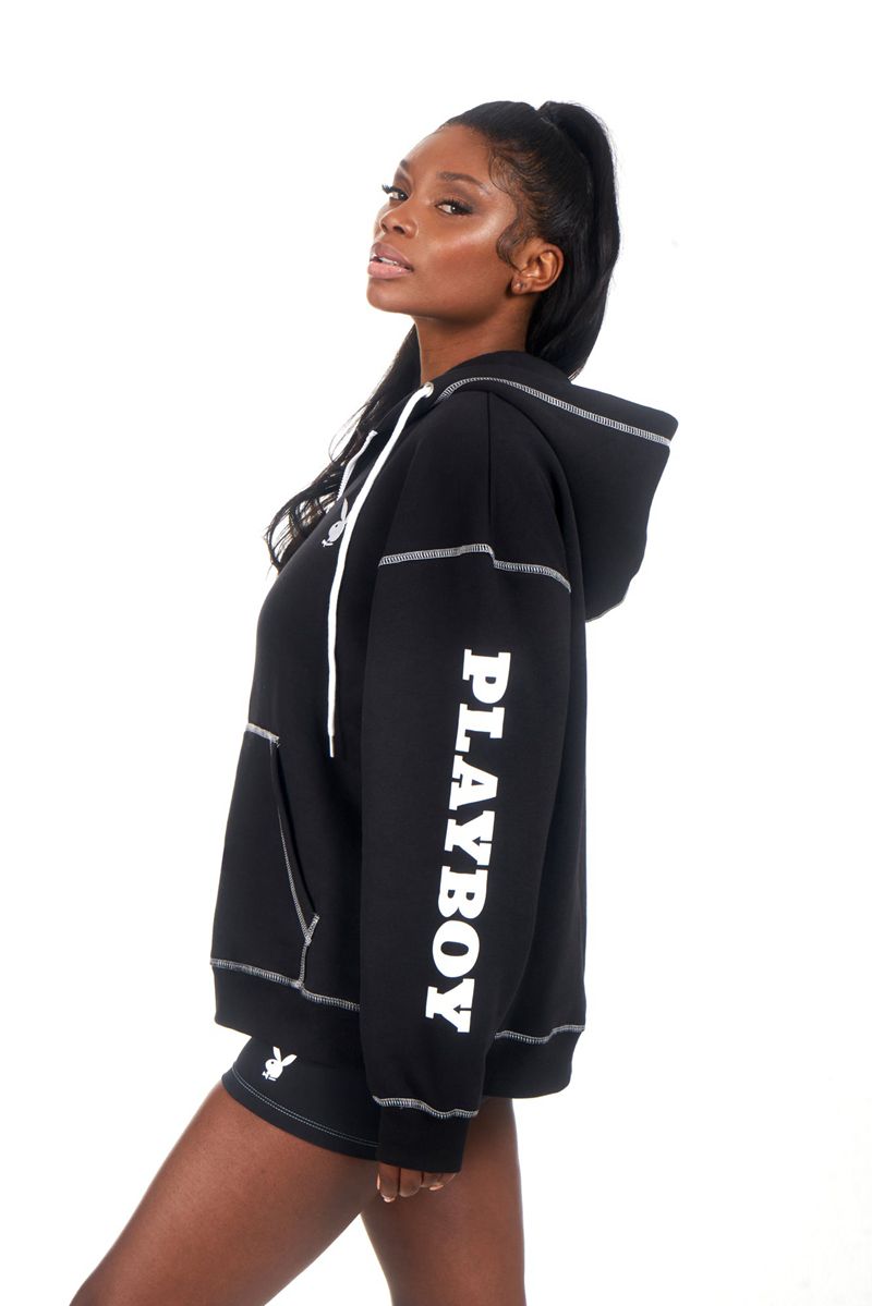 Black Playboy Active Zip Through Women's Hoodie | 13BZQXIYR