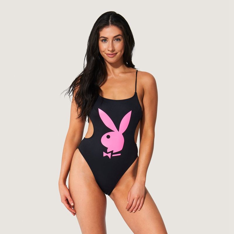 Black / White Playboy Lace Up Back Bunny One Piece Women's Swimwear | 20ZDUASTN