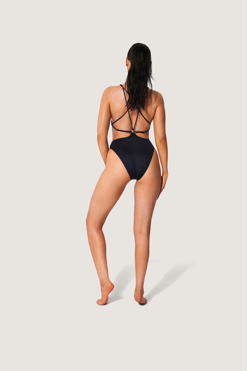 Black / White Playboy Lace Up Back Bunny One Piece Women's Swimwear | 20ZDUASTN