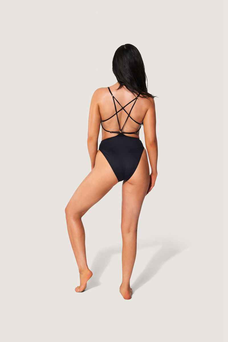 Black / White Playboy Lace Up Back Bunny One Piece Women's Swimwear | 20ZDUASTN