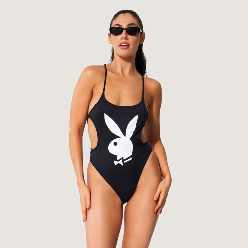 Black / White Playboy Lace Up Back Bunny One Piece Women\'s Swimwear | 20ZDUASTN