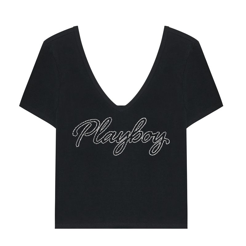 Dark Grey Playboy Crystal V-Neck Women\'s T-Shirts | 03CBGUTJL