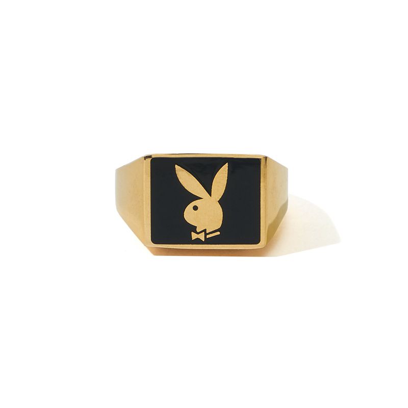 Gold Playboy Rabbit Head Signet Member's Ring Men's Jewelry | 80FXYMZJG