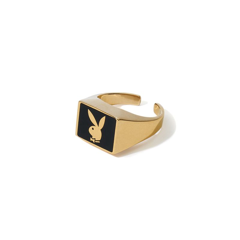 Gold Playboy Rabbit Head Signet Member's Ring Men's Jewelry | 80FXYMZJG