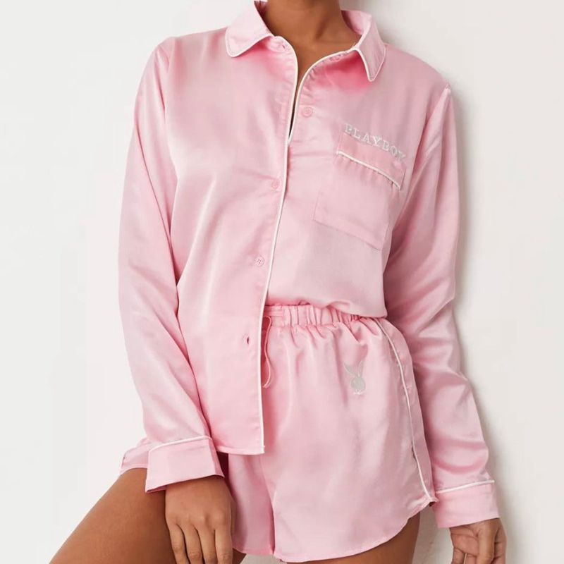 Pink Playboy Satin Pajama Set Women's Loungewear | 43GUJCTHM