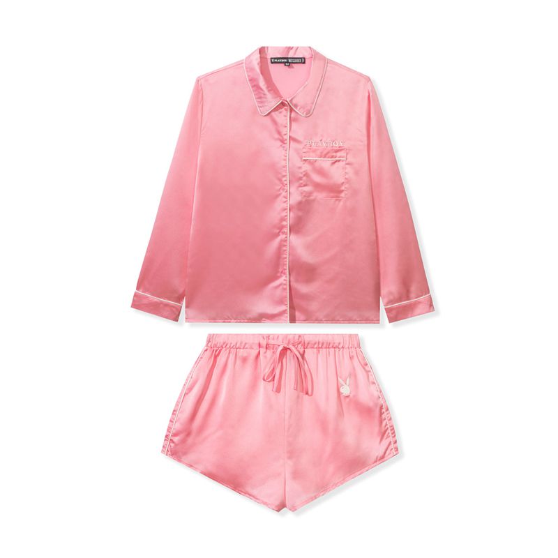 Pink Playboy Satin Pajama Set Women's Loungewear | 43GUJCTHM