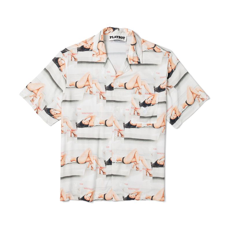 White Playboy Sanctuary Camp Men's Shirts | 04ZPCHGWU