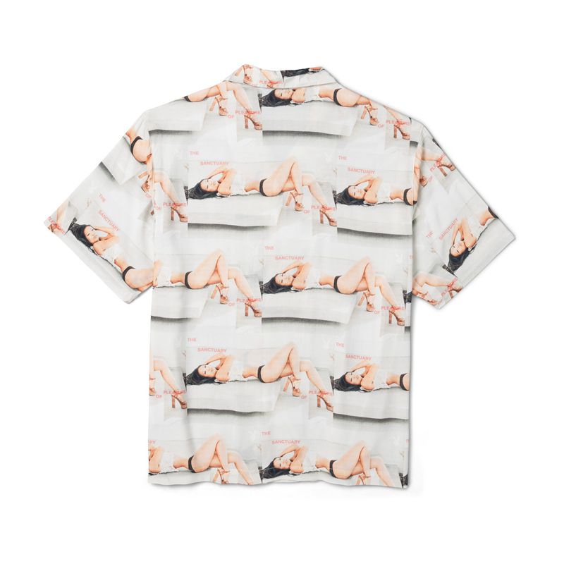 White Playboy Sanctuary Camp Men's Shirts | 04ZPCHGWU