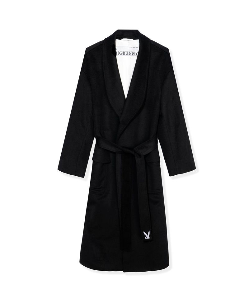 Black Playboy Belted Long Wool Robe Coat Women's Jackets | 05IFJQDLT