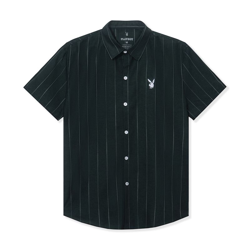 Black Playboy Striped Button Down Camp Men's Shirts | 58XVLBMYA