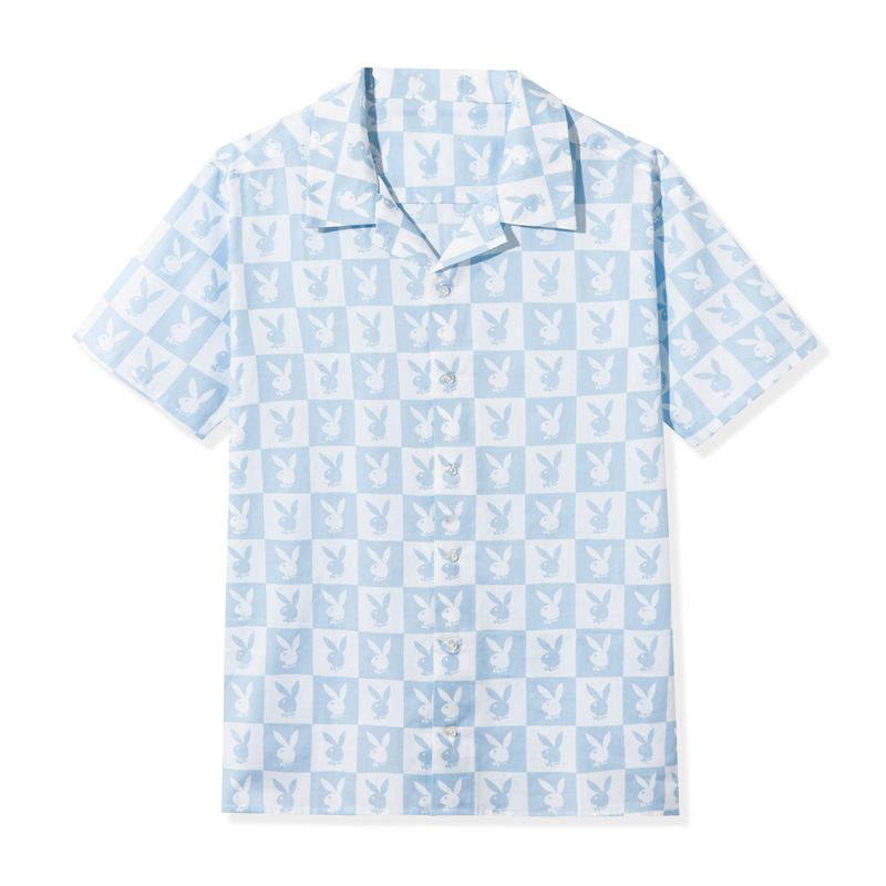 Blue Playboy Checker Rabbit Head Button Down Men's Shirts | 15XRULONA