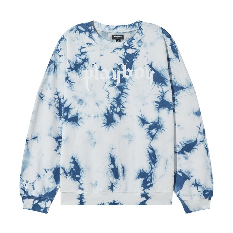 Blue Playboy Crystal Tie-Dye Crewneck Women's Hoodie | 90PMJYKHG