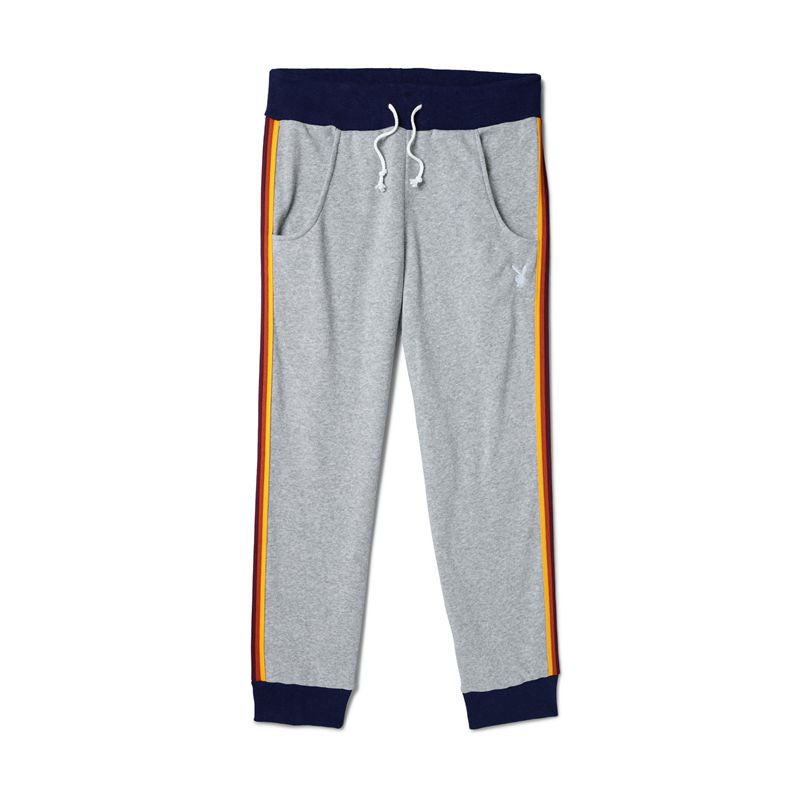 Grey / Black Playboy Road Trip Striped Warmup Sweats Women's Pants | 17ATDVNXO