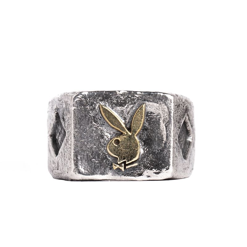 Mixed metal Playboy Diamond Side Rabbit Head Ring Men's Jewelry | 54IYCMPJO