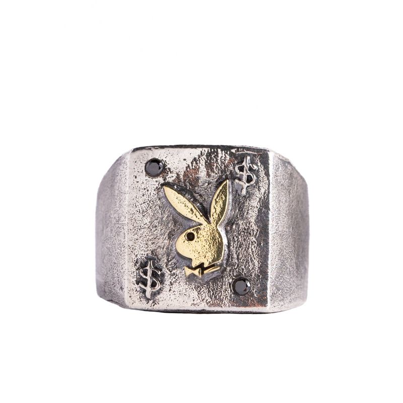 Mixed metal Playboy Rabbit Head Ring With Onyx Stones Men's Jewelry | 43KMSVRTO