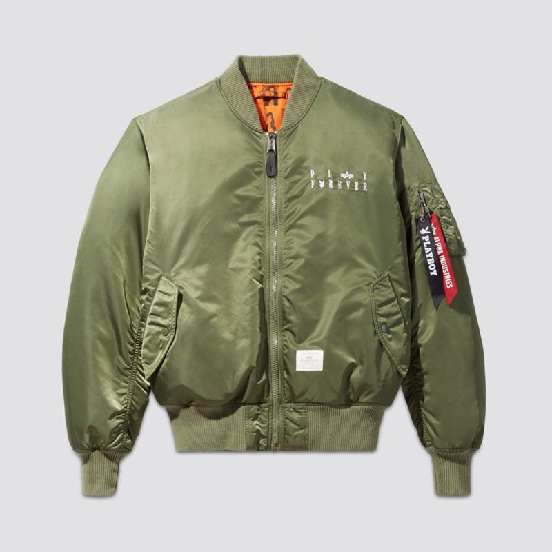 Olive Playboy X Alpha Industries Reversible Ma-1 Flight Jacket Men's Jackets | 92GREVPIZ