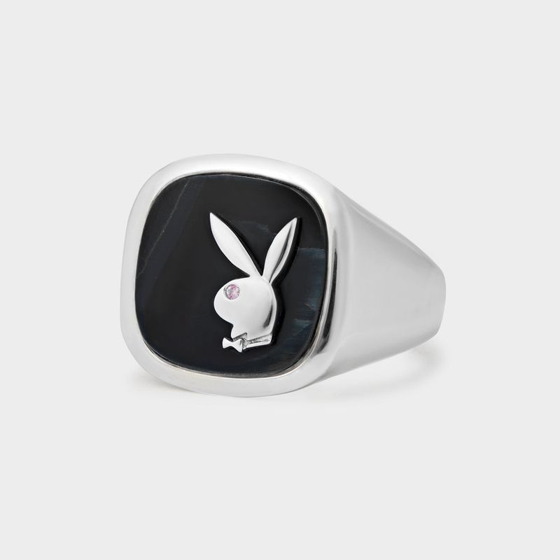 Silver Playboy Hawk's Eye Membership Ring 1 Men's Jewelry | 73BDCGPIS