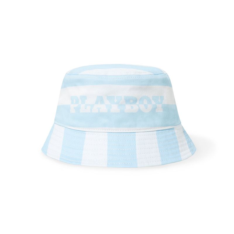 White / Blue Playboy Stripe Vip Club Bucket Women's Hats | 39JDVCLXZ