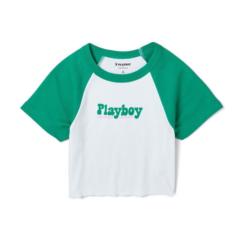 White / Green Playboy Island Raglan Women's T-Shirts | 93YVUBWNG