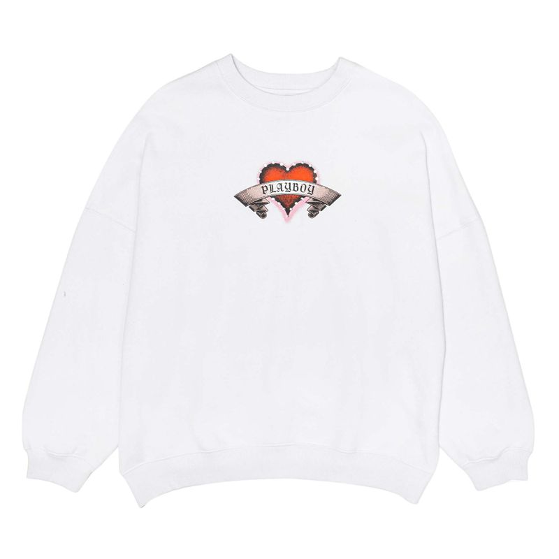 White Playboy Heartbreaker Crewneck Women's Hoodie | 08PXOAKSB